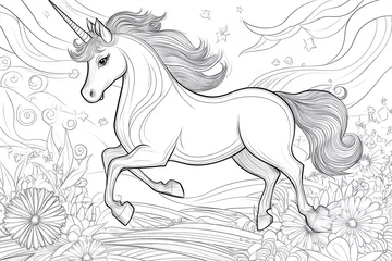 unicorn is running through a field of flowers. Scene is joyful and playful. Coloring book page. 