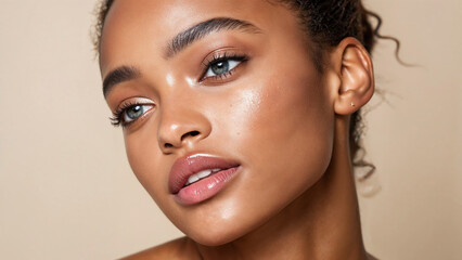 Portrait of a young woman with radiant skin and natural makeup showcasing a serene expression and captivating blue eyes