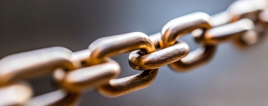 Close-up view of a strong metal chain link, symbolizing connection, strength, durability, and industrial applications.