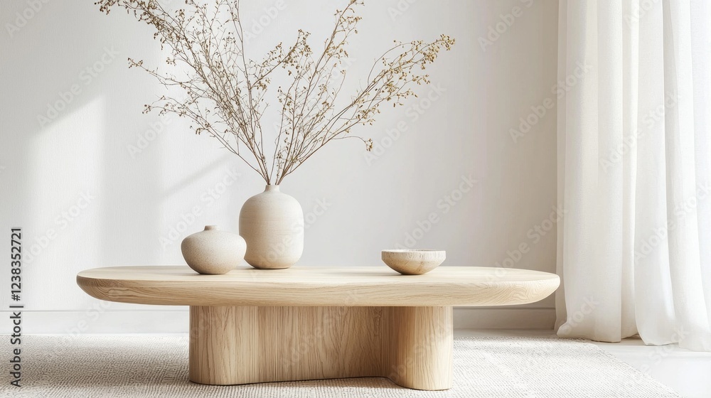 Aufkleber a serene indoor setting showcases a beautifully crafted wooden coffee table adorned with simple pott