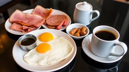 Breakfast set at hotels in Thailand, including hot coffee, eggs, ham and sausage. Generative AI