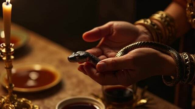 Hyper-realistic closeup of Cleopatra cradling a coiled serpent in a golden-lit chamber