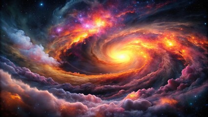 Swirling clouds of pink and orange gas against a backdrop of dark gray and black, with a distant galaxy visible in the distance, interstellar gas, celestial, radiation