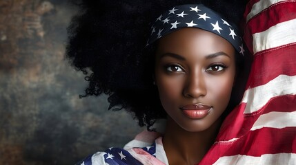 Black woman holding American flag above head