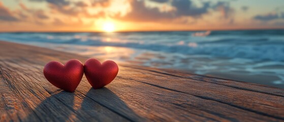 Fototapeta premium Two Red Hearts On Wooden Surface At Sunset Beach.