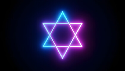 Bright neon blue and purple Star of David glowing on a dark black background