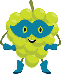 Cartoon illustration of a smiling green grape superhero wearing a mask and boots, ready for action