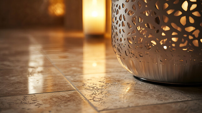 A close-up of a metallic umbrella stand with intricate cutout patterns, placed on a tiled entryway floor with soft lighting