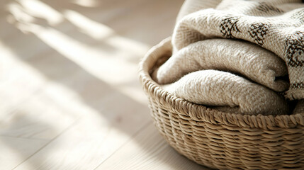 Obraz premium A close-up of a woven seagrass basket filled with neatly folded neutral-toned blankets, placed on a light wooden floor with soft shadows