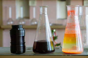chemical test tubes, chemical reagents, jars, glass vials for chemical tests. laboratory equipment in abandoned production plants. abandoned laboratory. chemical and biological contamination. scientif