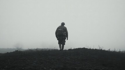 Soldier walking battlefield foggy landscape, war history