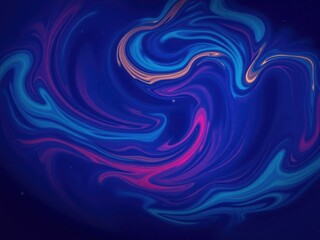 Swirling cosmic colors with a grainy texture spread across a dark blue background, color gradient nebula, textured astronomy, nebular mist