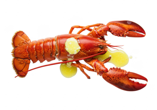 Lobster with melted butter isolated on white background, top view, no depth of field, sharp.