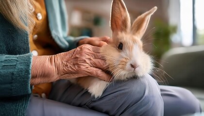 A gentle hand strokes a soft rabbit while sitting comfortably in a bright room.