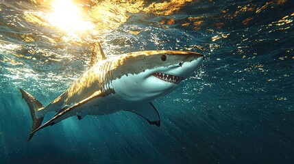 Fototapeta premium Great White Shark Swimming Underwater In Sunlight