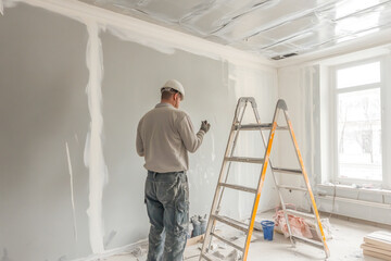 Naklejka premium Internal repair of the apartment. worker performs rough work
