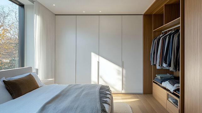 A minimalist wardrobe with sliding white doors, placed in a spacious bedroom with natural light highlighting its clean and functional design