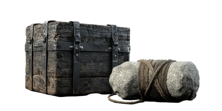 Heavy set of stones and vintage trunk studio setting high-quality image transparent background creative composition