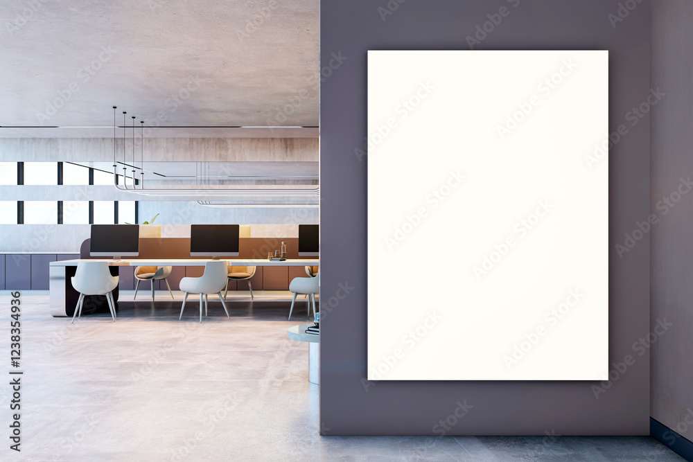 Poster modern office interior with blank vertical canvas on wall. 3d rendering