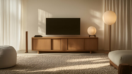 A modern wooden TV cabinet with sliding doors, placed on a textured rug in a living room with a minimalist aesthetic and soft natural lighting