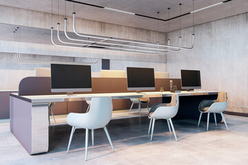Modern office interior with desks, chairs, and computers in a clean, spacious workspace. 3D Rendering