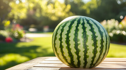 A perfectly round watermelon resting on a wooden picnic table with a blurred sunny garden in the background and natural lighting enhancing its green patterns