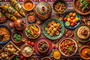 Fototapeta premium Aerial View: Festive Moroccan Feast, Colorful Dishes & Spices