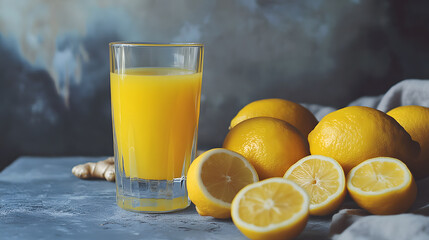 Refreshing glass of lemon juice with lemons.
