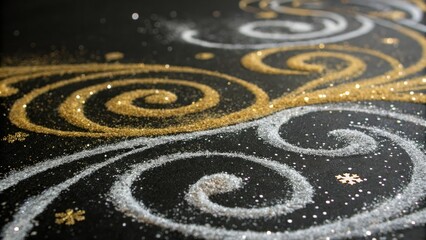 Swirling patterns of gold and silver glitter on a black background, glitter, gold, metallic