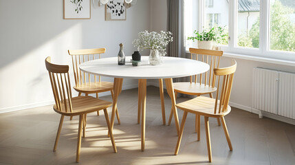 A Scandinavian-style dining set with a round white table and four wooden chairs, placed in a brightly lit dining area with natural light