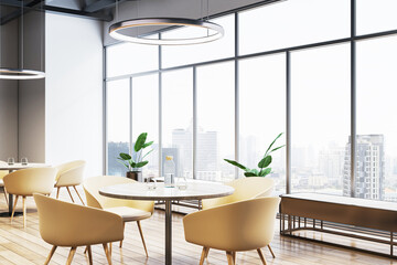 Modern cafeteria interior with city view through large windows. 3D Rendering