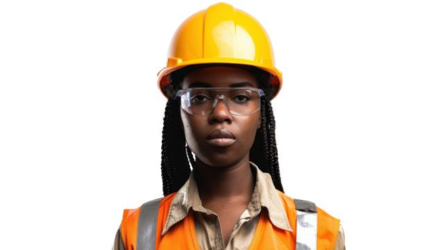Serious female construction worker wearing safety glasses and hard hat on transparent background
