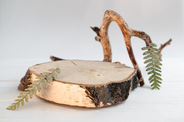 A pedestal made of birch sawn wood for advertising a product with twigs and leaves. Minimalistic creative composite background for the presentation of cosmetics or products. Front view