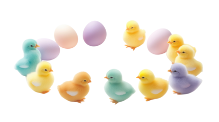 Colorful easter chicks and eggs forming a circle on transparent background