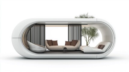 A sleek and elegant living space contained within a pod capsule.