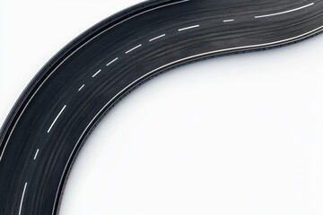 Curved black road with dashed white lines sweeps across bright white background, sense of motion and direction.