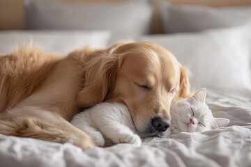 Golden retriever and white cat peacefully sleeping together on a cozy bed in a warm home environment
