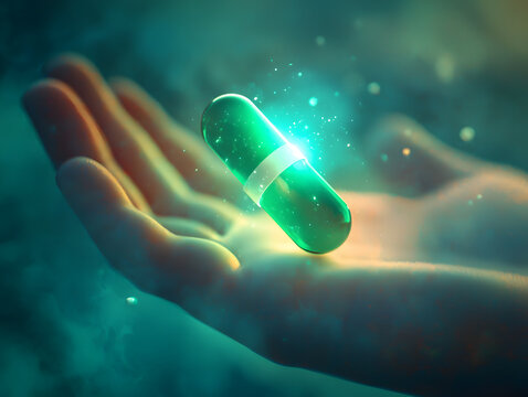 glowing green and white pill held in hand, surrounded by mystical aura. soft light creates enchanting atmosphere, evoking feelings of curiosity and wonder