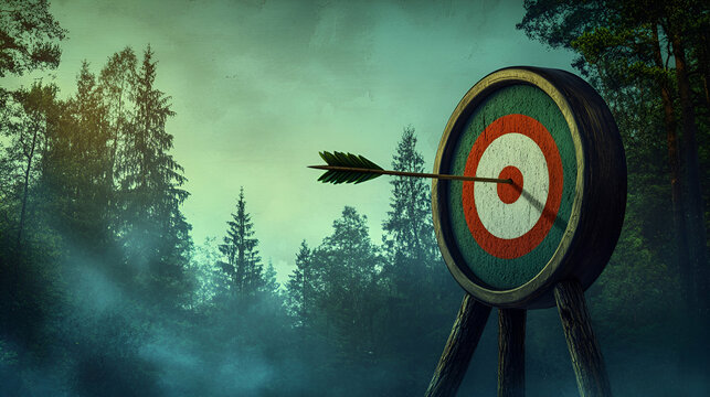 Archery target with an arrow piercing the bullseye, serene forest backdrop