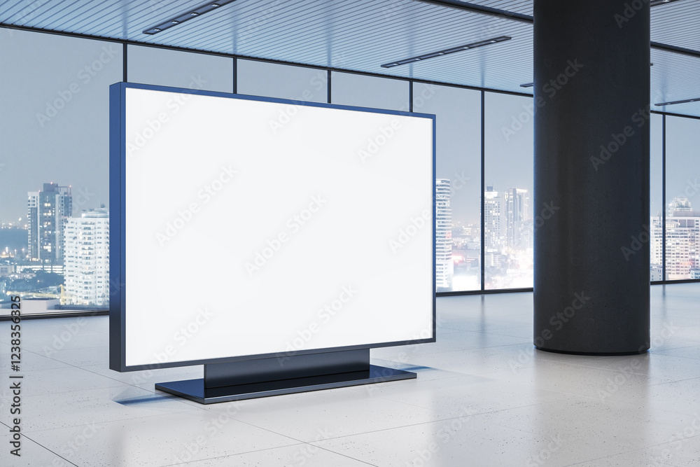 Poster Blank digital display in modern office building with city view in background. 3D Rendering