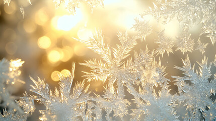 Close-up of frost patterns on a glass surface with soft sunlight illuminating intricate icy details