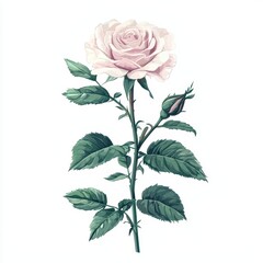 Beautiful pink rose with lush green leaves.