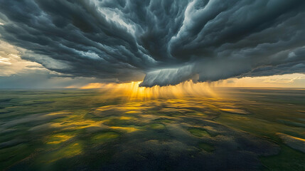 Dramatic shot of storm clouds rolling over a vast prairie, golden sunlight breaking through and illuminating patches of grass