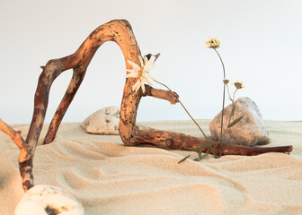 Obraz premium A dry tree branch and rocks on a background of beach sand. Minimalistic creative composite background for the presentation of cosmetics or products. Front view