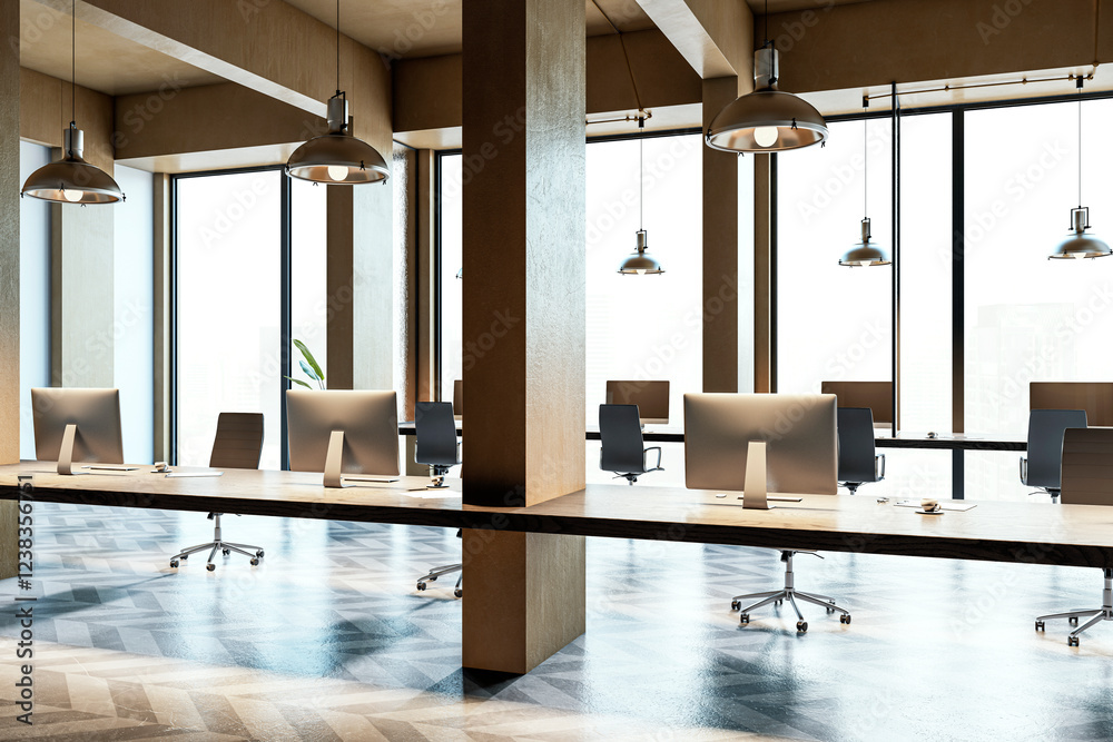 Aufkleber modern office interior with desks, chairs, and computers in a spacious room with large windows and u