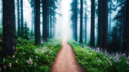 Fototapeta premium Forest pathway nature concept. A serene forest path shrouded in mist, surrounded by lush greenery and wildflowers.