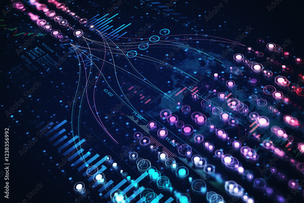 Poster Futuristic digital interface showcasing glowing data metrics and network connections on a dark abstract background. 3D Rendering