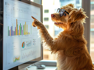 dog wearing glasses is engaged in corporate setting, pointing at whiteboard filled with colorful graphs and charts. scene captures humorous and whimsical take on business analytics
