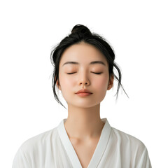 Fototapeta premium serene East Asian woman with closed eyes isolated on transparent white background