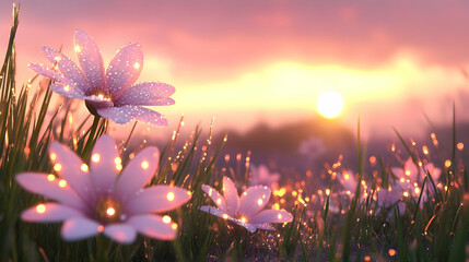 Obraz premium Scenic meadow with wildflowers blooming under a pastel sunrise, dew glistening on the petals and grass